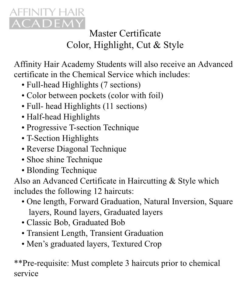 Cosmetology school Orlando hands-on training, Hair academy real life experience Florida, Affinity Hair Academy Orlando motto, Best beauty school with practical training Florida, Hands-on cosmetology education Orlando FL, Text listing hairdressing services and techniques.