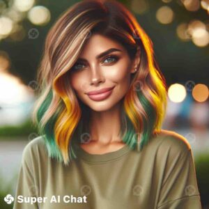 Woman with colorful hair in outdoor setting.