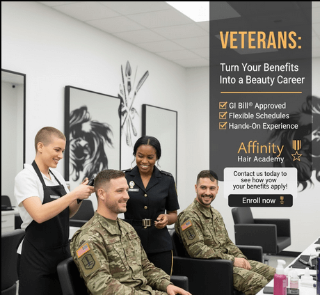 Veterans learning beauty skills at hair academy.